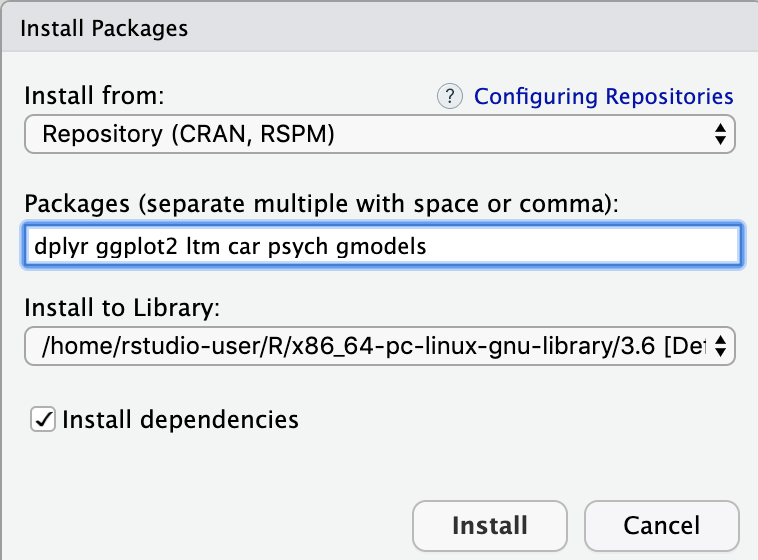 installing packages in RStudio