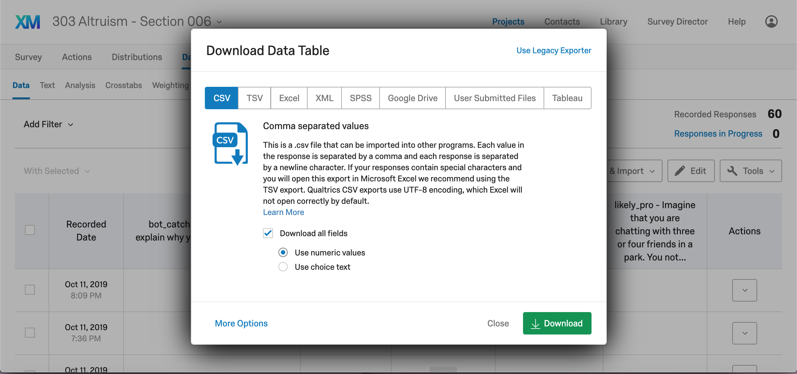 qualtrics choose numeric csv file